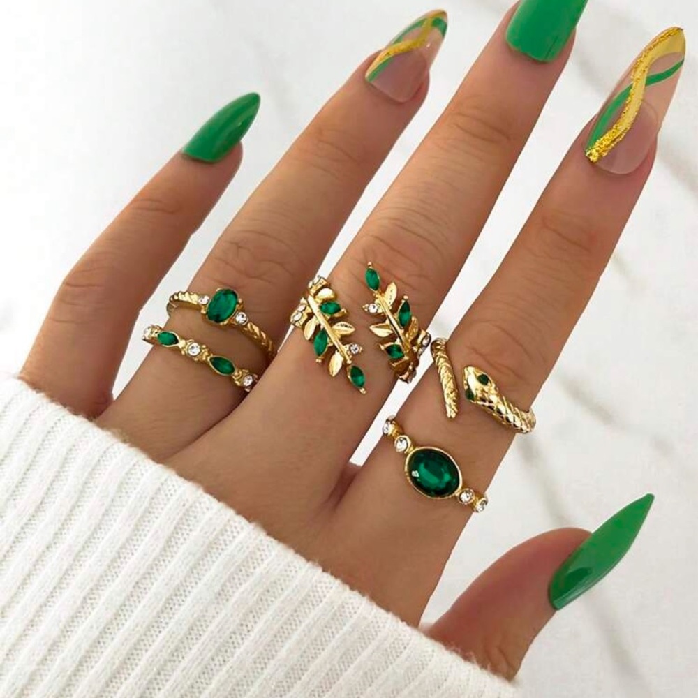 5pcs/Set Vintage Emerald Studded Snake Ring & Leaf Crystal Rhinestone Rings